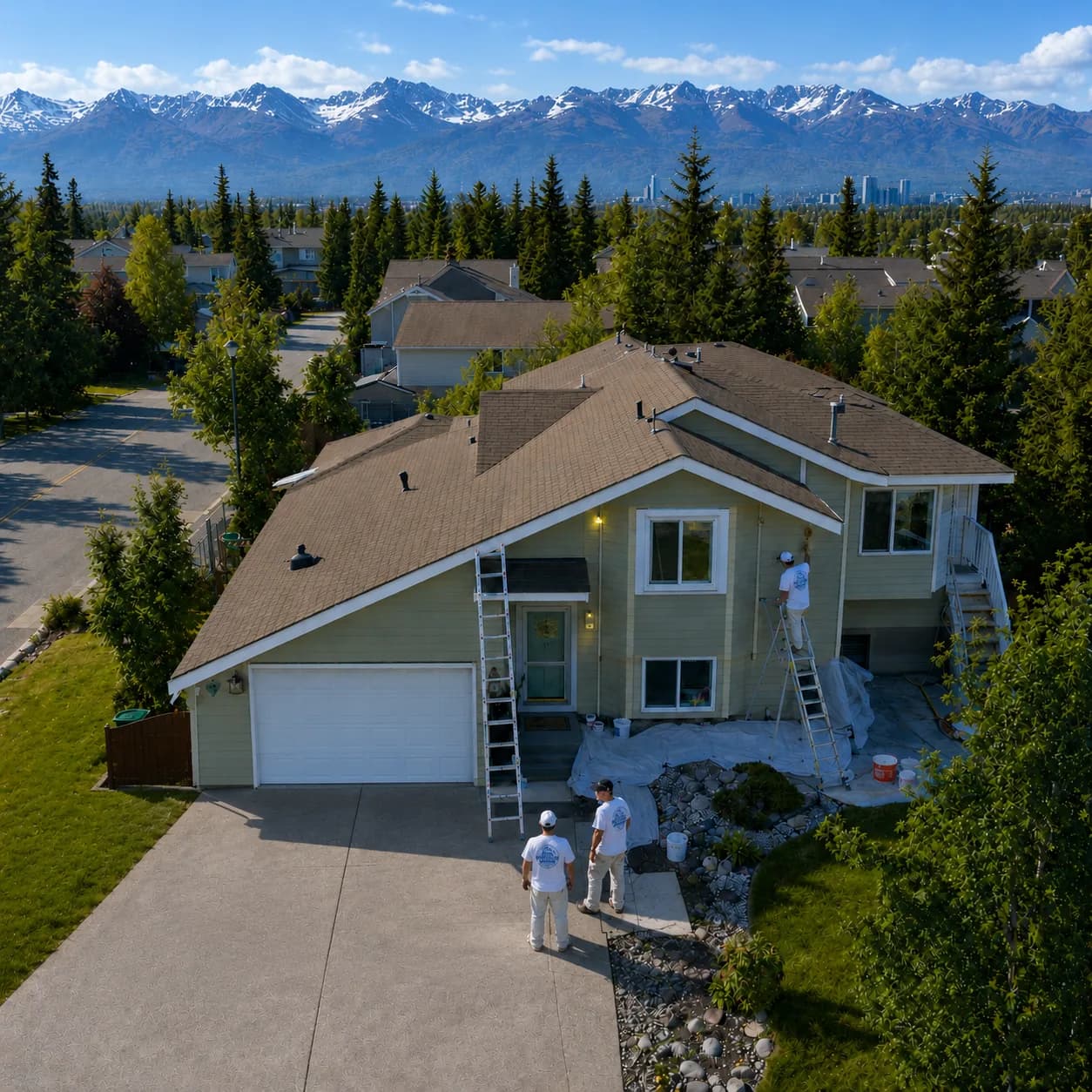 Brush Brothers truck and crew on an Anchorage jobsite, Chugach Mountains behind